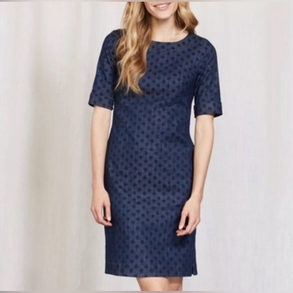 Boden Blue & Black Polka Dot Denim Shift Dress Size 6 99% Cotton 1% Elastane EUC